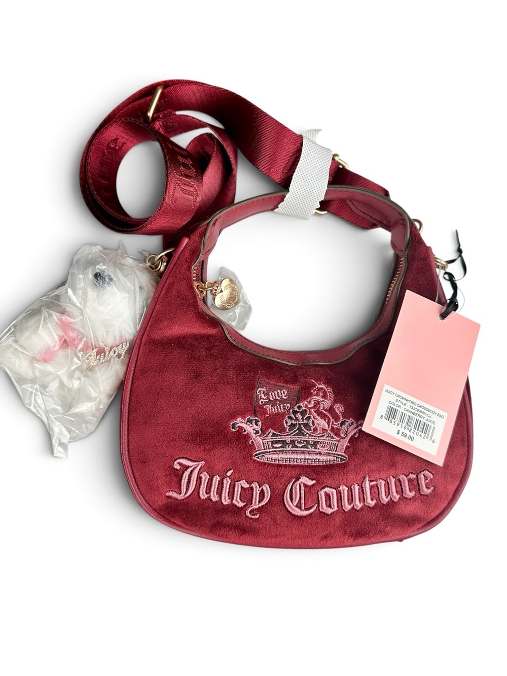 NWT Juicy Couture Crown Hobo Crossbody Cranberry Juice Velour + Scottie Charm